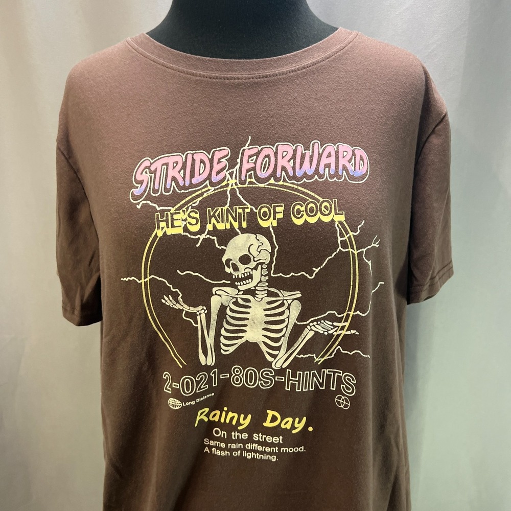 Romwe Skeleton And Slogan T Shirt Womens Large Brown Cotton Graphic Straight Hem